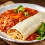 Savor Chicken enchiladas in bold red chili sauce, a delicious delight.