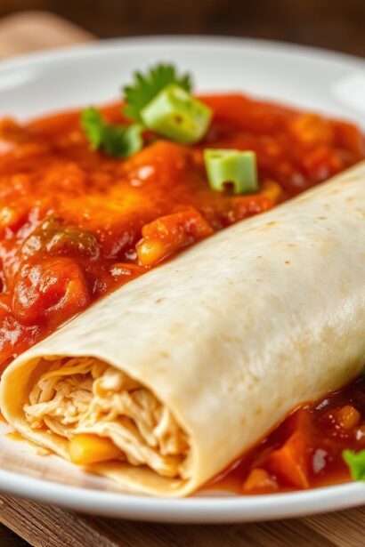 Savor Chicken enchiladas in bold red chili sauce, a delicious delight.