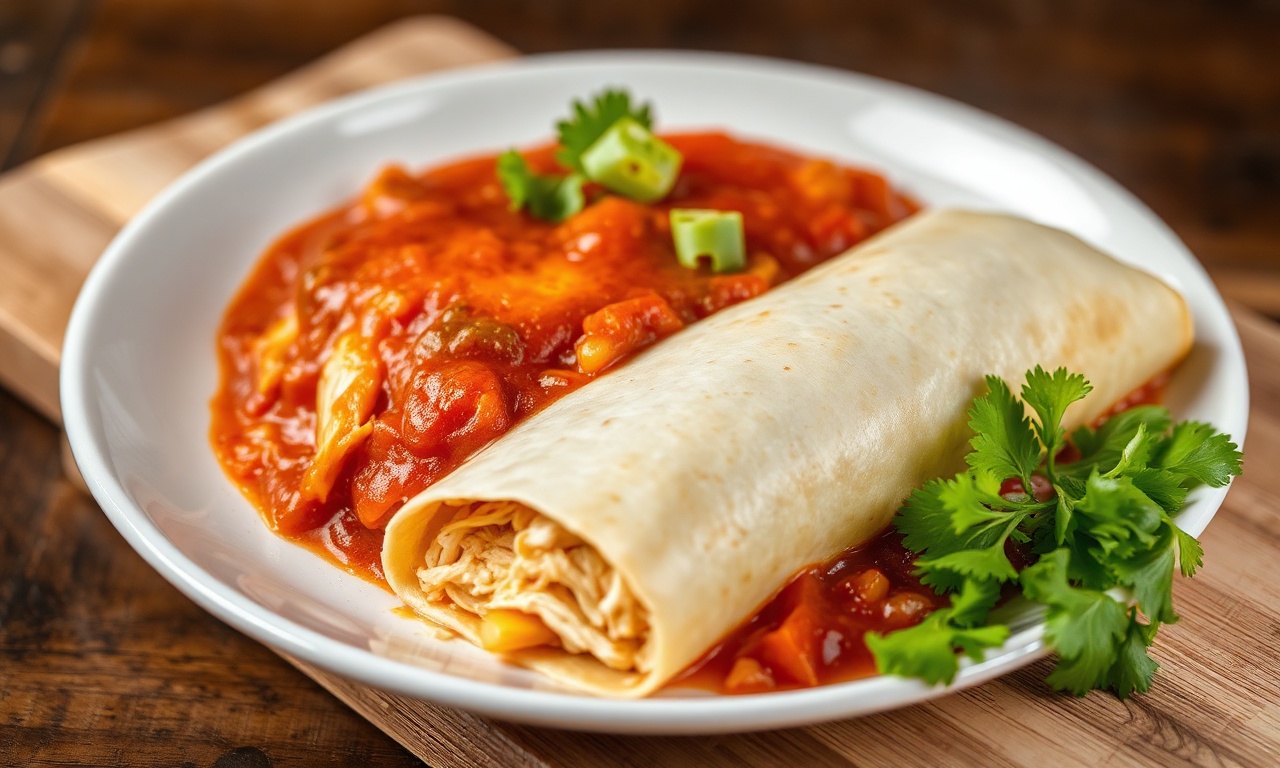 Savor Chicken enchiladas in bold red chili sauce, a delicious delight.