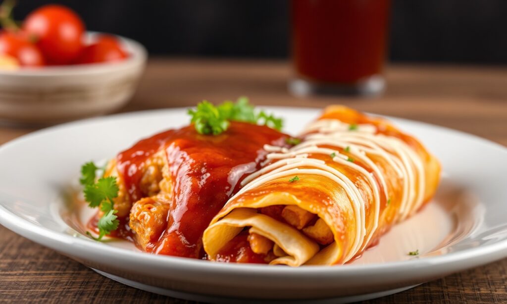 Savor chicken enchiladas in bold red chili sauce, a delightful spicy meal.