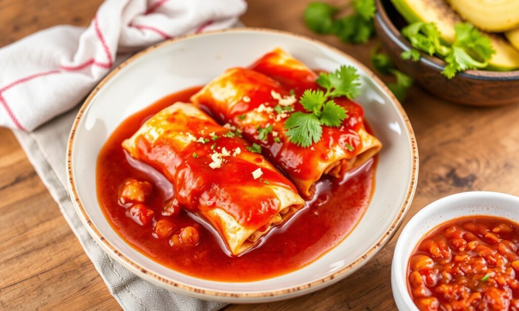Savor chicken enchiladas in bold red chili sauce.