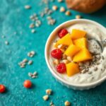 Healthy chia pudding with mango and coconut.