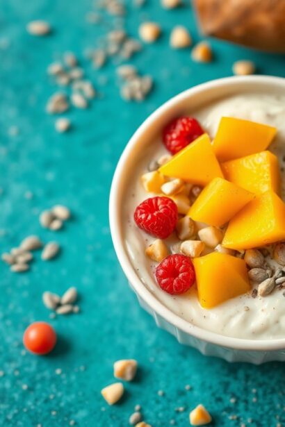 Healthy chia pudding with mango and coconut.