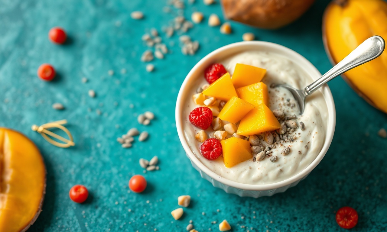 Healthy chia pudding with mango and coconut.
