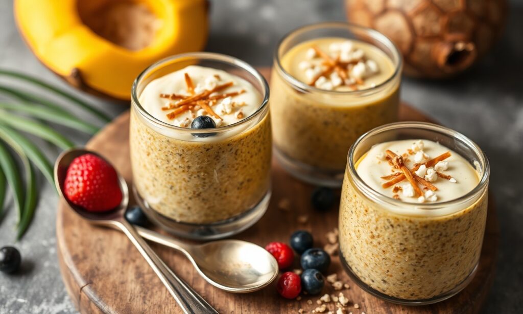 Healthy chia seed pudding with mango and coconut, tropical delight.
