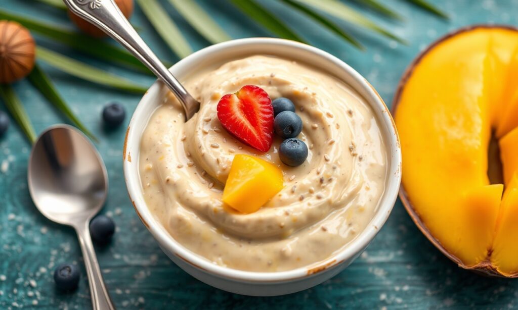 Healthy chia pudding with mango, coconut: tropical paradise bowl.