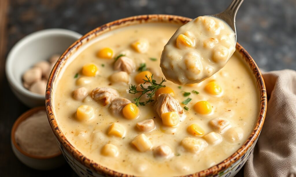 Velvety creamy chicken corn chowder, a hearty and comforting bowl.
