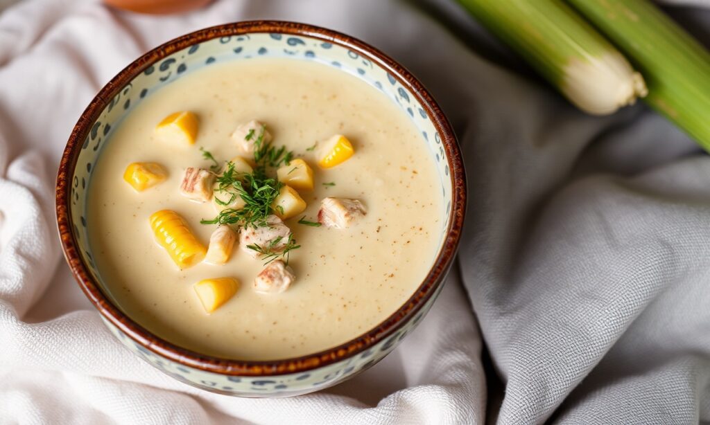 Velvety creamy chicken corn chowder, a hearty and comforting delight.