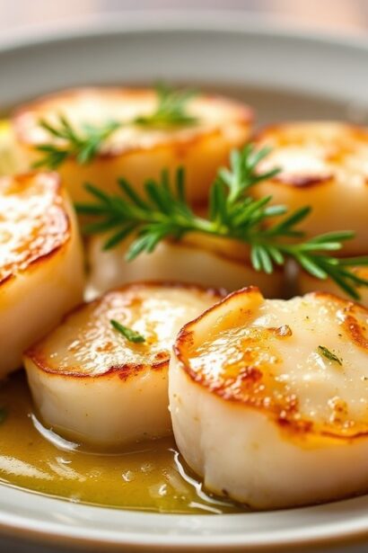 Pan-seared scallops in lemon butter, a quick and delicious seafood recipe.