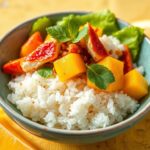 Irresistible spicy crab mango poke bowl, tropical twist.