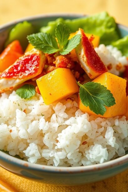 Irresistible spicy crab mango poke bowl, tropical twist.