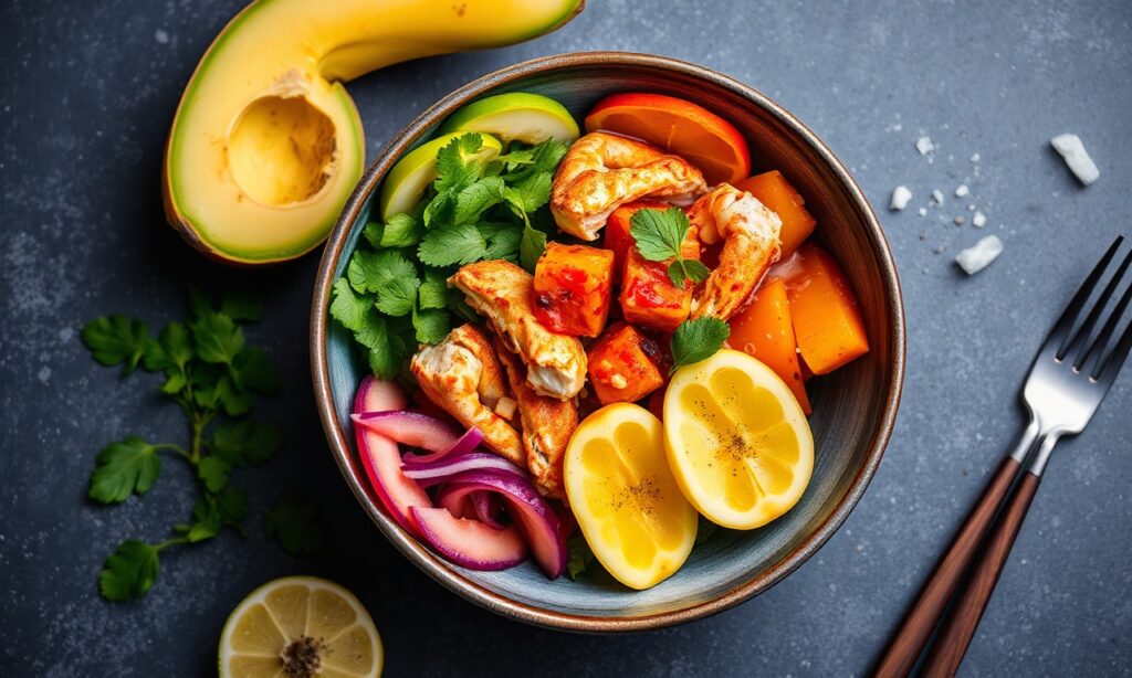 Irresistible spicy crab mango poke bowl, tropical, healthy.