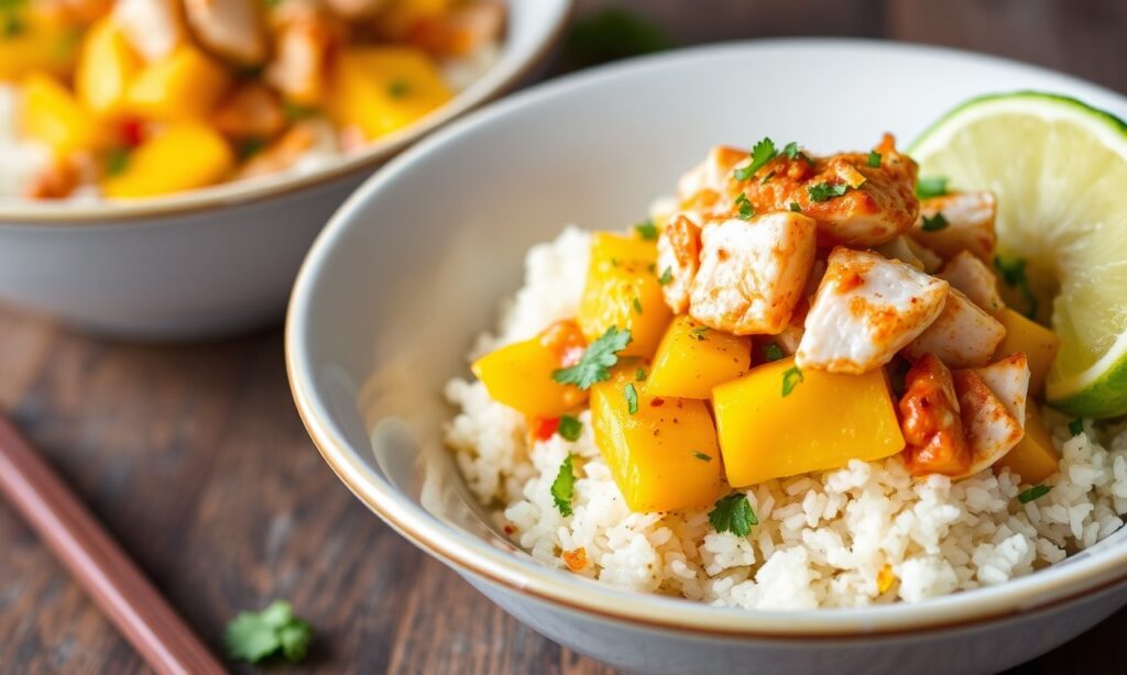 Irresistible spicy crab mango poke bowl, tropical sweetness and chili kick.
