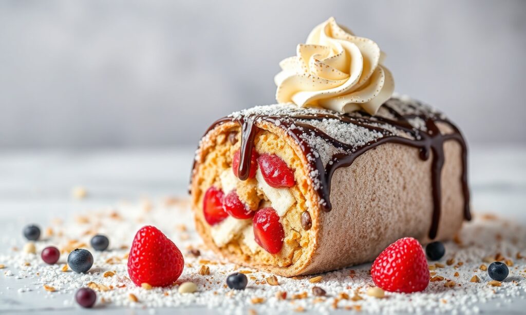Unveiling magic: Decadent cannoli cake, a unique dessert delight.