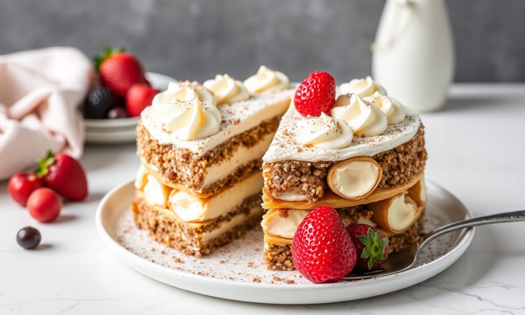Unveiling magic: Decadent cannoli cake, Italian dessert indulgence.