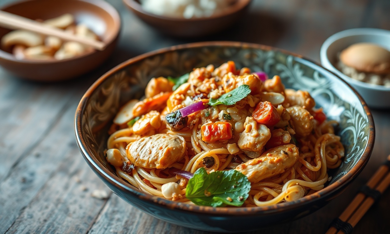 Classic chicken Pad Thai with peanuts, a delicious recipe.