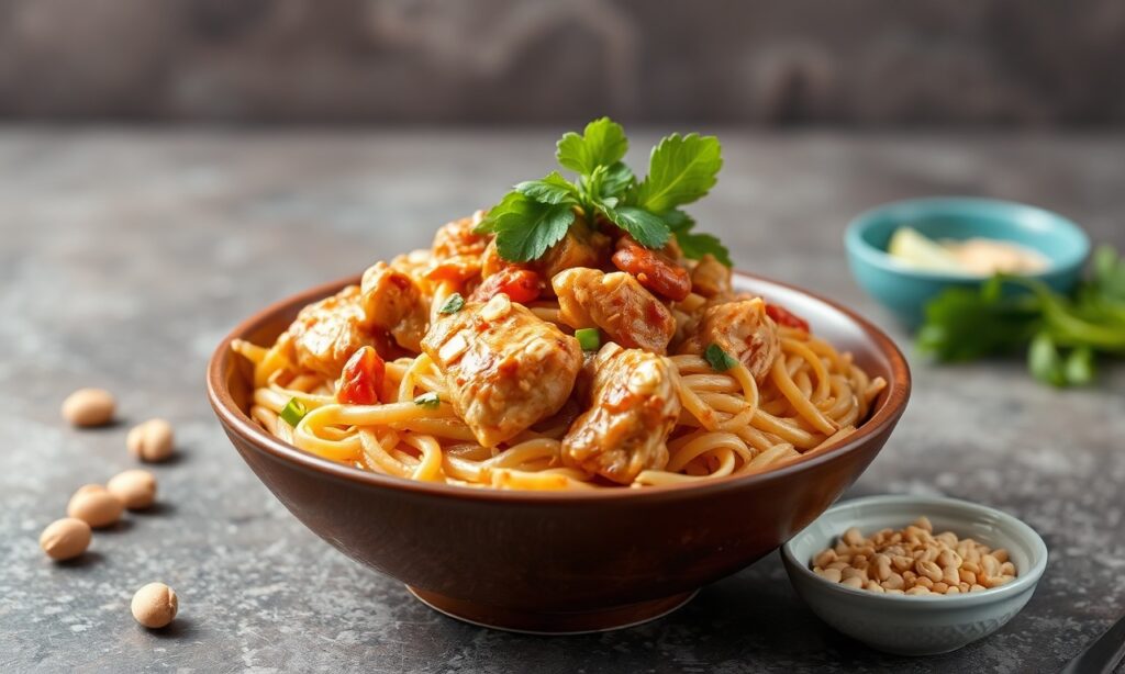 Classic Chicken Pad Thai with peanuts, perfectly balanced flavors.