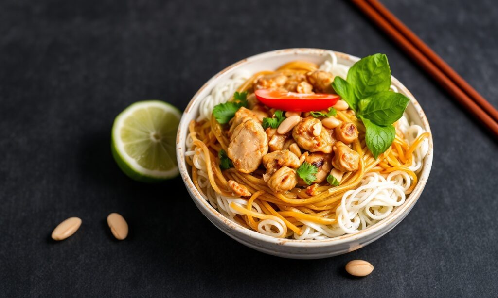 Classic chicken pad Thai with peanuts, a vibrant Thai dish.