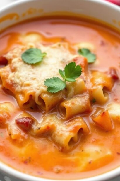 Hearty comforting lasagna soup bowl, perfect for a cozy meal.