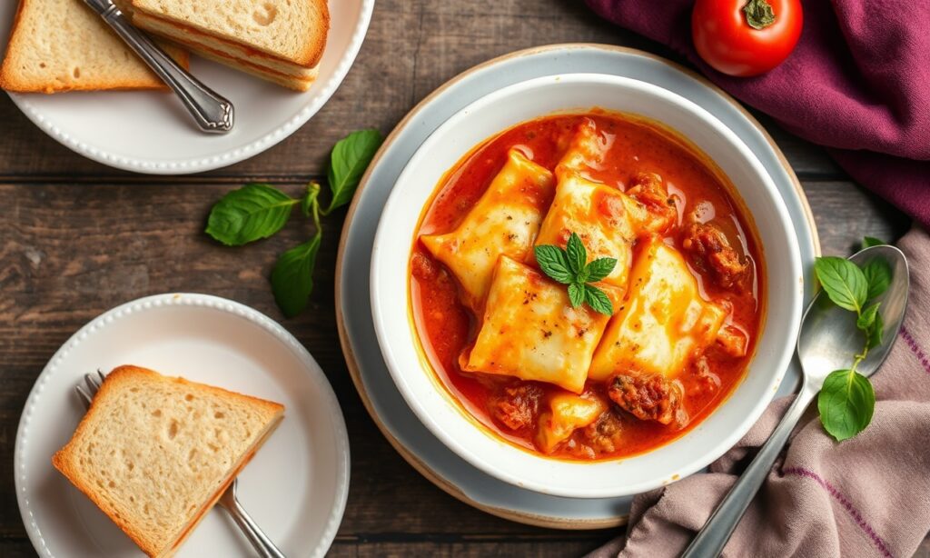 Hearty comforting lasagna soup bowl, perfect for cold weather.