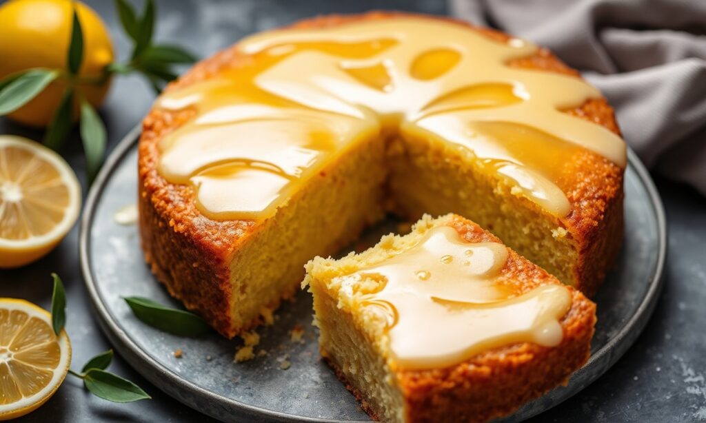 Yuzu olive oil cake with zesty glaze, a bright citrus dessert.