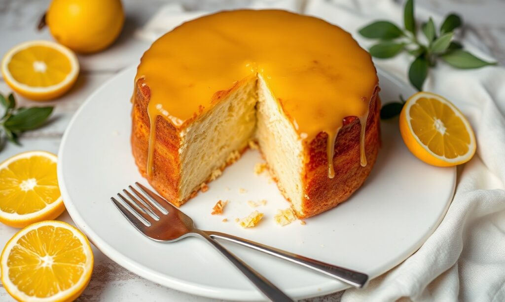 Yuzu olive oil cake with zesty glaze, a bright baking delight.