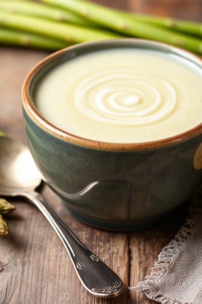 Velvety cream of asparagus soup, a delicious springtime delight.