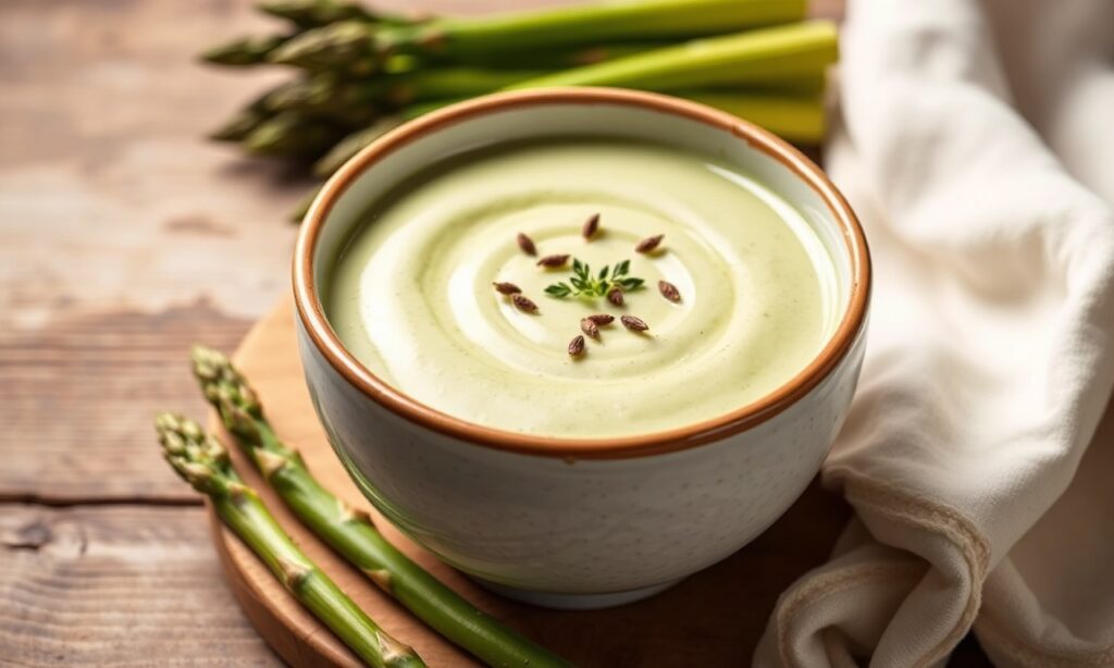 Velvety cream of asparagus soup: a perfect springtime delight.