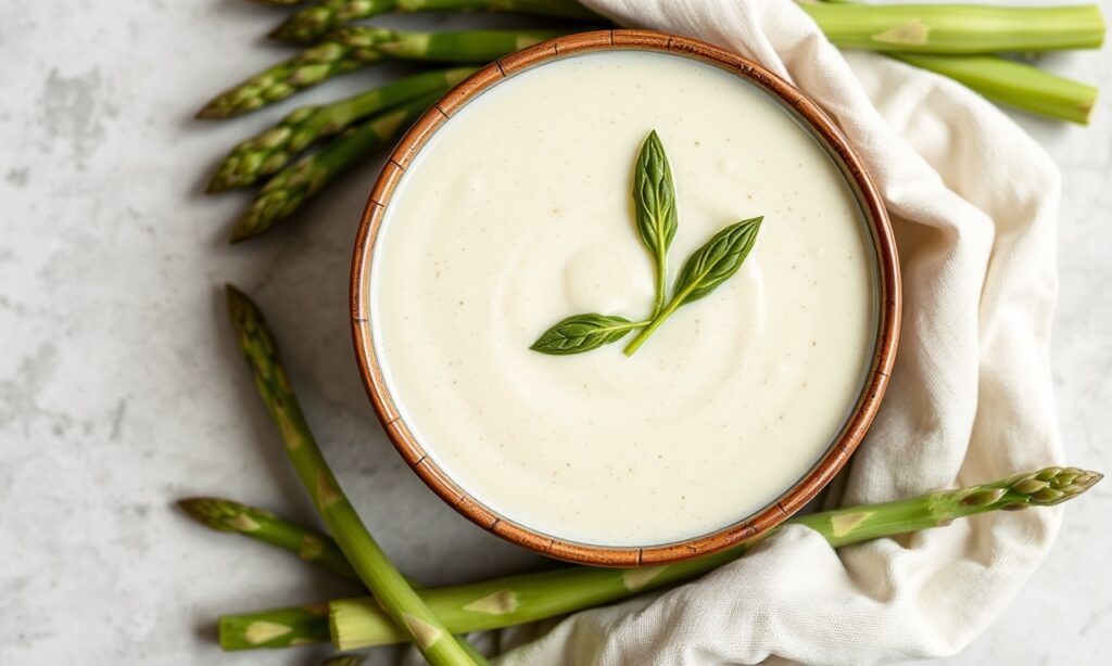 Velvety cream of asparagus soup, a springtime delight.