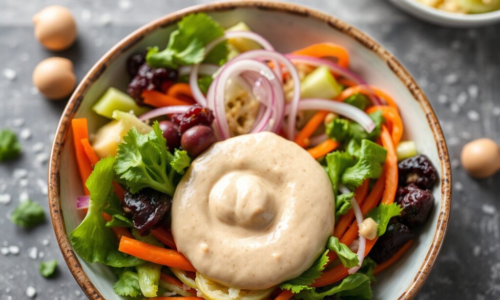 Steamed veggie salad with delicious creamy peanut sauce.