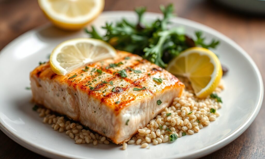 Zesty grilled salmon with vibrant lemon herb quinoa delight.