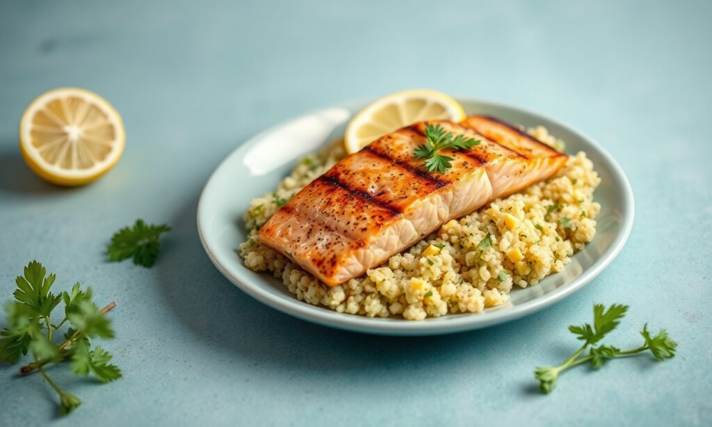 Zesty grilled salmon with vibrant lemon herb quinoa delight.