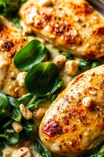 Creamy chicken spinach skillet delight, quick and easy recipe.