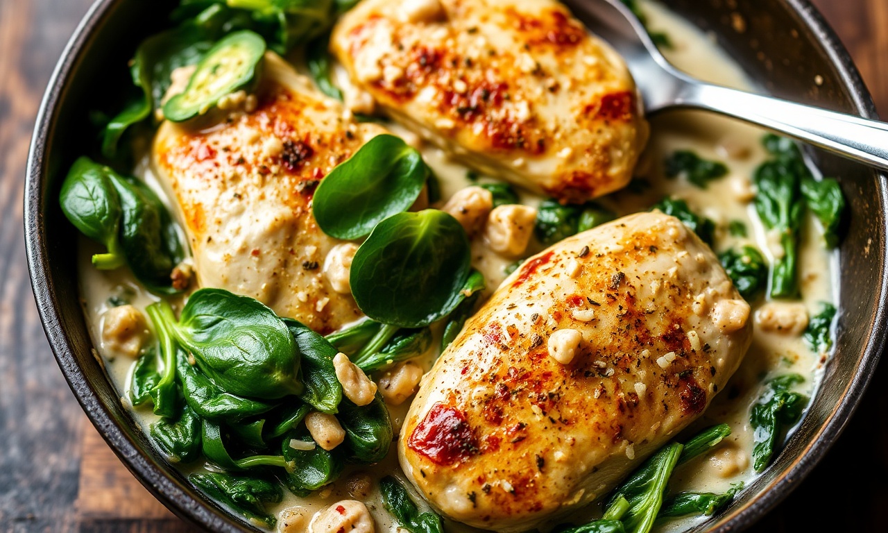 Creamy chicken spinach skillet delight, quick and easy recipe.