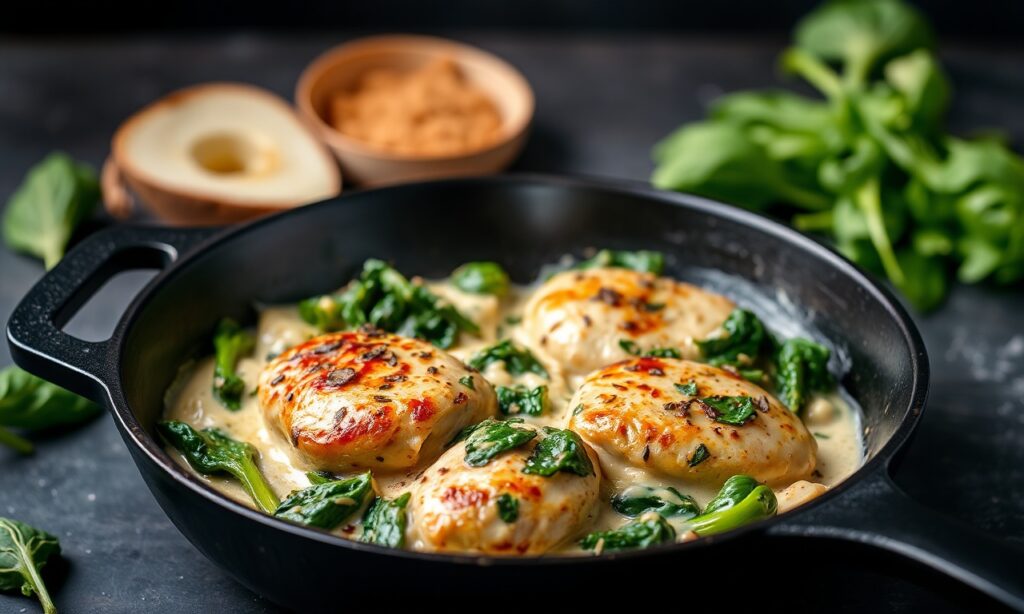 Creamy chicken skillet with spinach: quick, delicious, and healthy.
