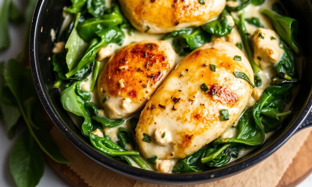 Chicken Skillet — Creamy chicken spinach skillet delight, quick and easy dinner.