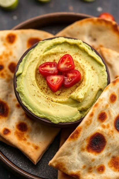 Silky avocado hummus with crispy toasted pita bread.