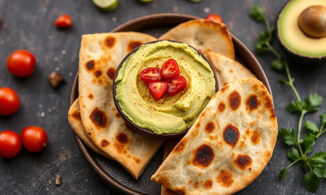 Silky avocado hummus with crispy toasted pita bread.