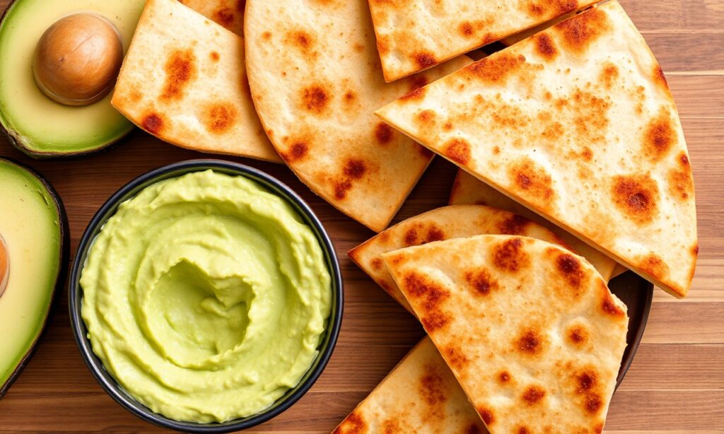 Silky avocado hummus with crispy toasted pita chips delight.