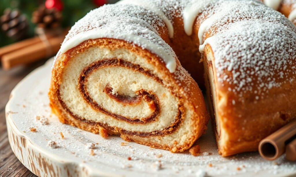 Holiday cinnamon roll cake layers of joy, sweet festive treat.