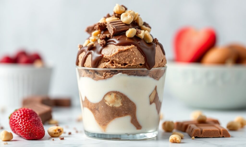 Decadent chocolate peanut butter frozen yogurt bark treat.