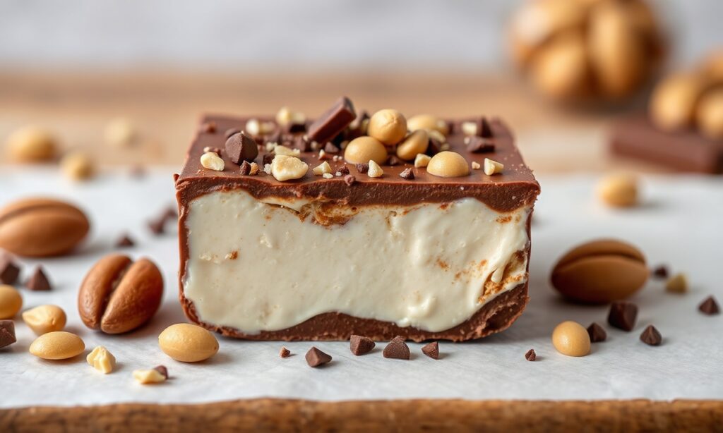 Decadent chocolate peanut butter frozen yogurt bark treat.