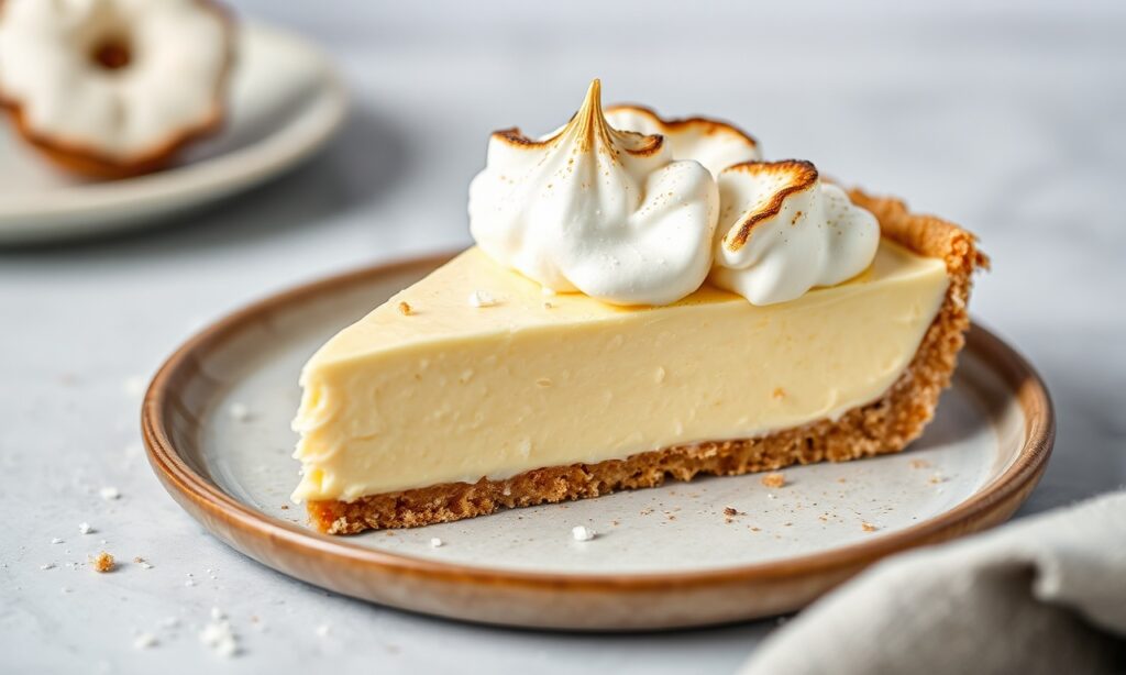 Decadent coconut custard pie with toasted meringue, unforgettable dessert.