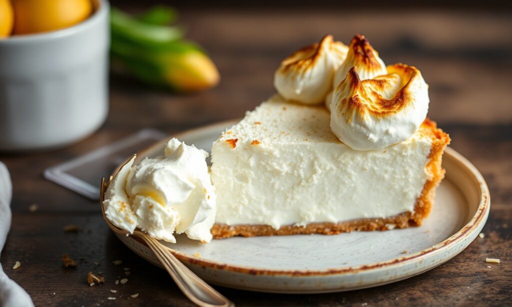 Decadent coconut custard pie with toasted meringue, tropical dessert bliss.