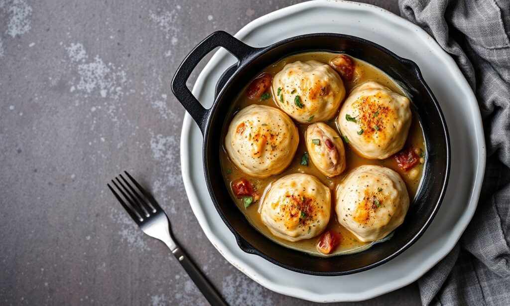 Wholesome skillet chicken and dumplings, a quick and delicious meal.