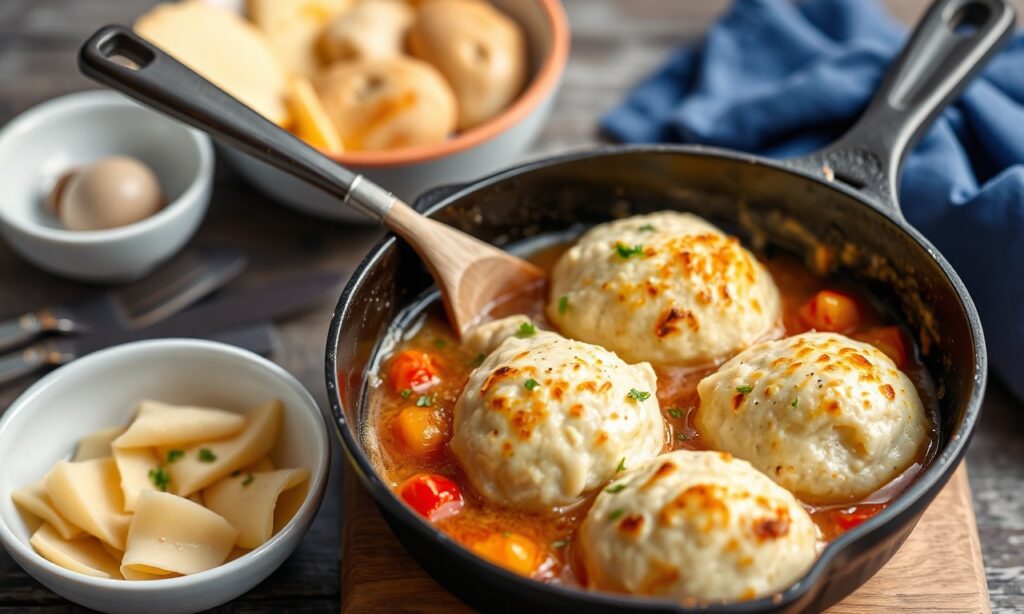 Wholesome skillet chicken and dumplings, ready in 30 minutes.