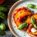 Summer peach Caprese with basil and prosciutto delight.