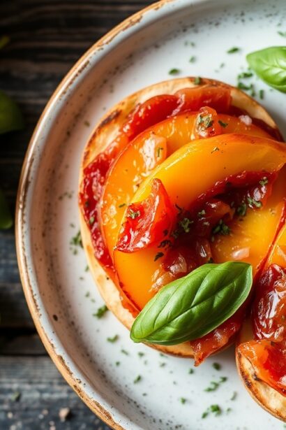 Summer peach Caprese with basil and prosciutto delight.