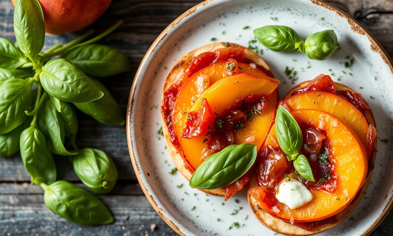 Summer peach Caprese with basil and prosciutto delight.