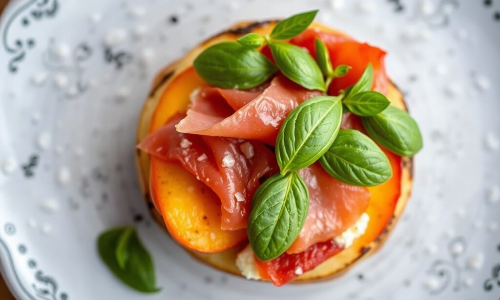 Summer peach caprese with basil and prosciutto, a delightful twist.